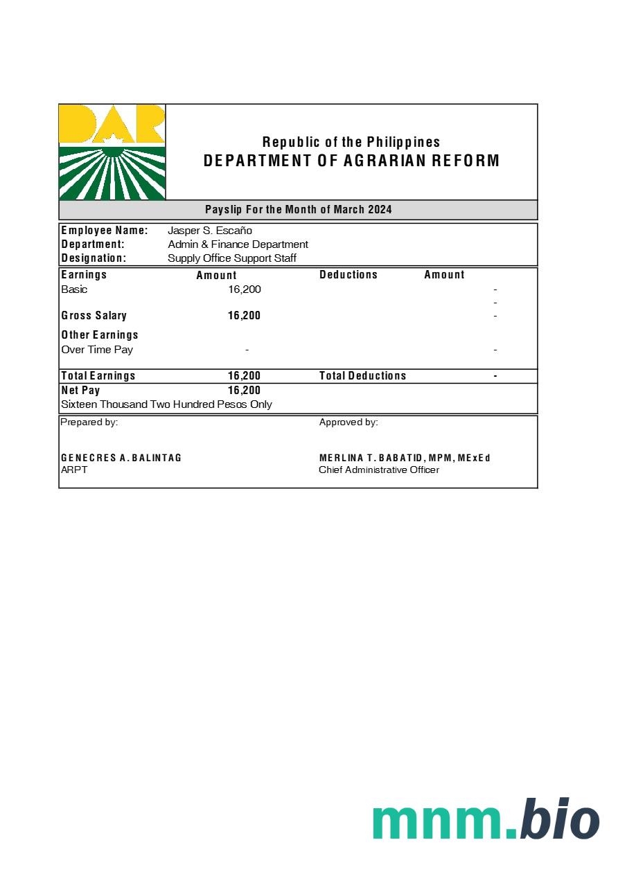 Filipiny Departament reformy rolnej payslip szablon w formacie Excel i PDF
